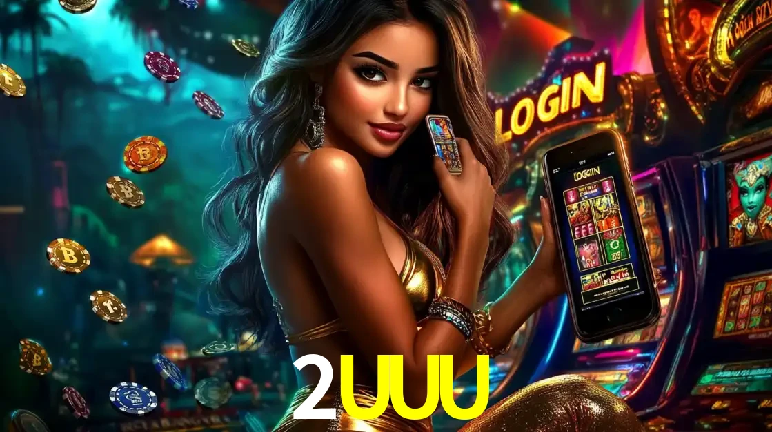 Mulher em um cenário de cassino temático de aventura, mostrando o app de caça-níqueis da 2UUU no celular. Fichas de apostas flutuam ao redor.