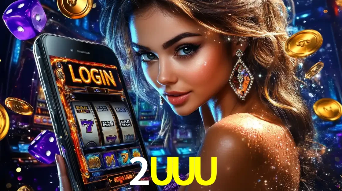 Mulher glamorosa segurando um smartphone com a tela de login para os jogos de caça-níqueis do cassino online 2UUU, com moedas de ouro e dados ao redor.