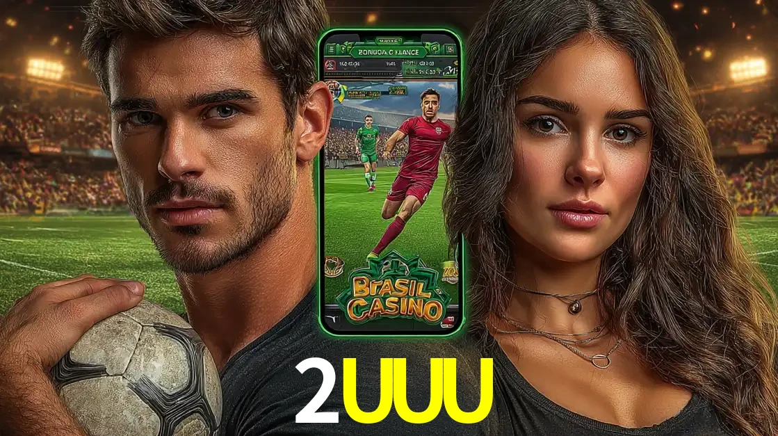 Homem segurando uma bola de futebol e uma mulher ao lado de um smartphone exibindo o jogo de apostas esportivas da 2UUU. Faça seu palpite no cassino online.